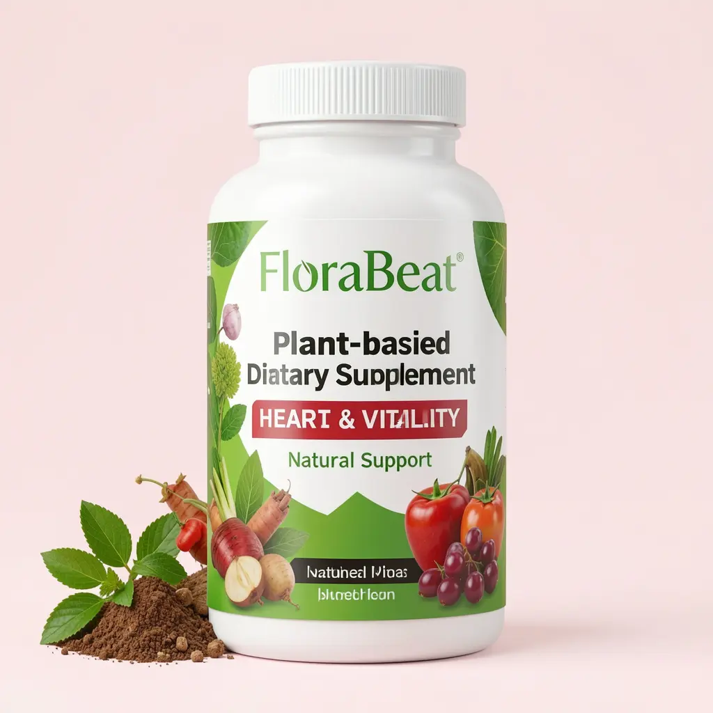 FloraBeat plant-based dietary supplement bottle with natural ingredients for daily wellness and vitality